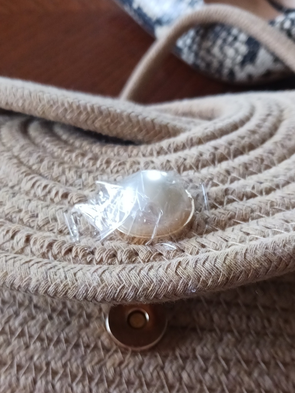 Beige Woven Crossbody Bag with Pearl Accent - Picture 7 of 7